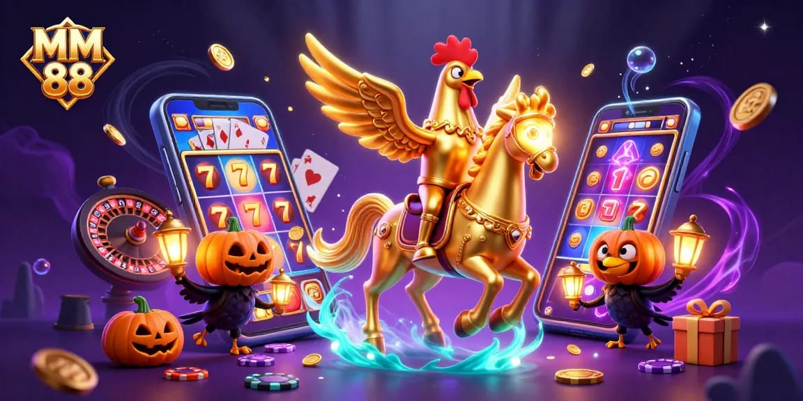 Experience immersive gambling with MM 88: golden rooster headless horseman in a vibrant casino scene.