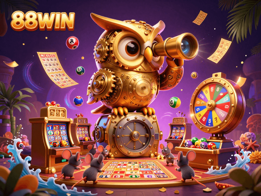 88WIN promotes excitement with vibrant casino elements and animated characters in a dynamic illustration.