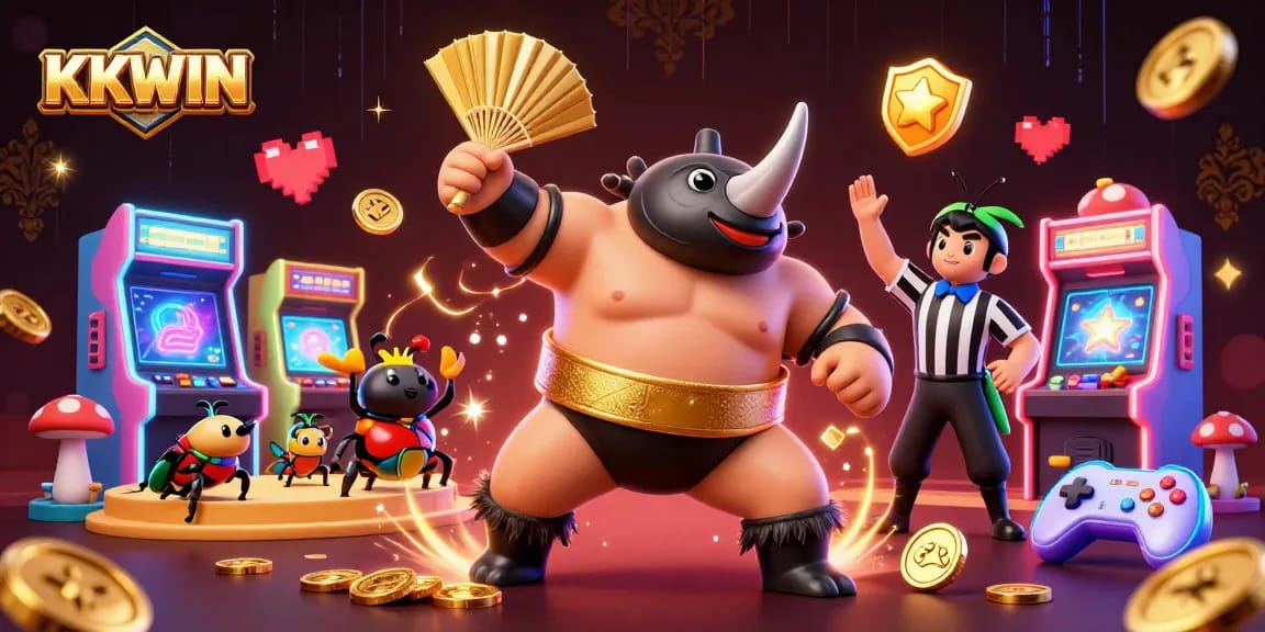 KKWIN offers an exciting 3D gaming experience capturing a dynamic illustration of a sumo beetle champion in a casino.
