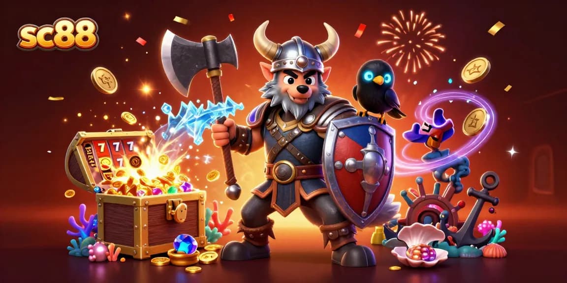 Experience the thrill of sc88 with a Viking warrior and dragon in a packed casino scene.