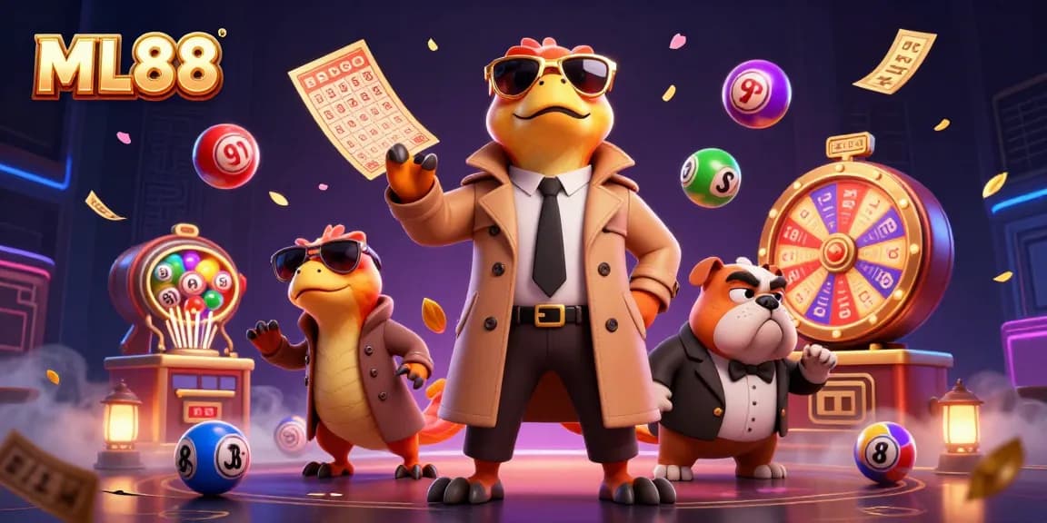 ML88 raptors disguised to enter the casino while colorful lottery balls bounce around them.