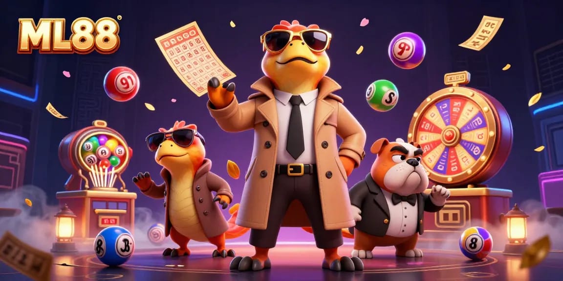 ML88 raptors disguised to enter the casino while colorful lottery balls bounce around them.