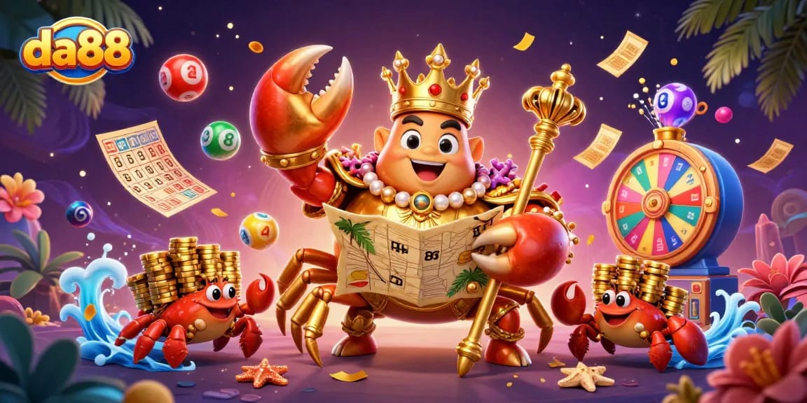 Experience vibrant gameplay at da88 with the golden crab emperor amidst lively lottery elements.