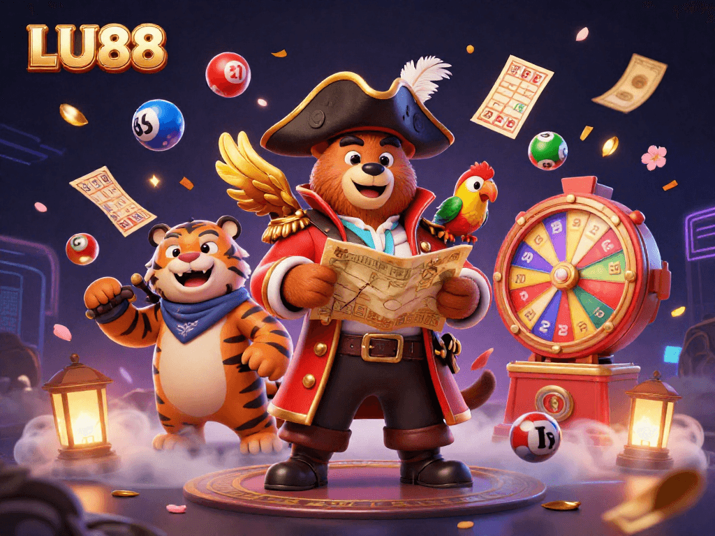 LU88 pirate-themed casino illustration featuring a vibrant prize wheel and lottery elements.