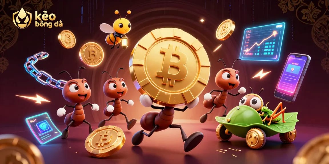Experience kèo bóng đá excitement with ant heist, crypto elements, and vibrant casino theme.
