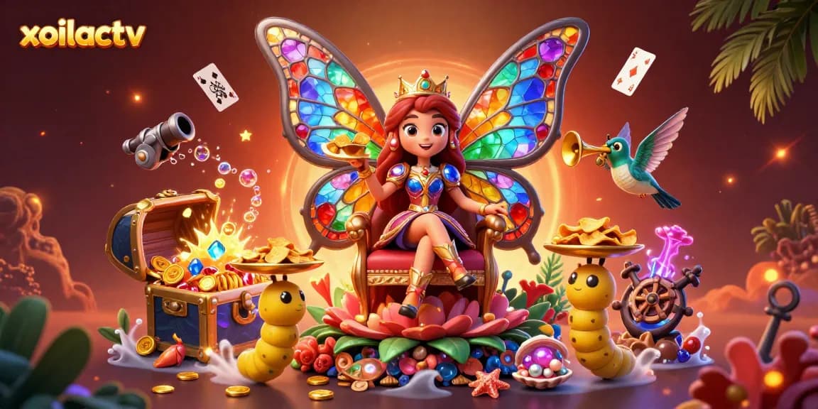 Experience exciting gameplay at xoilactv with a vibrant 3D casino scene filled with enchanting characters and treasures.