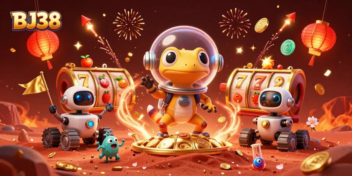 Win big with BJ38 in a vibrant 3D casino scene surrounded by gold coins and exciting game elements.