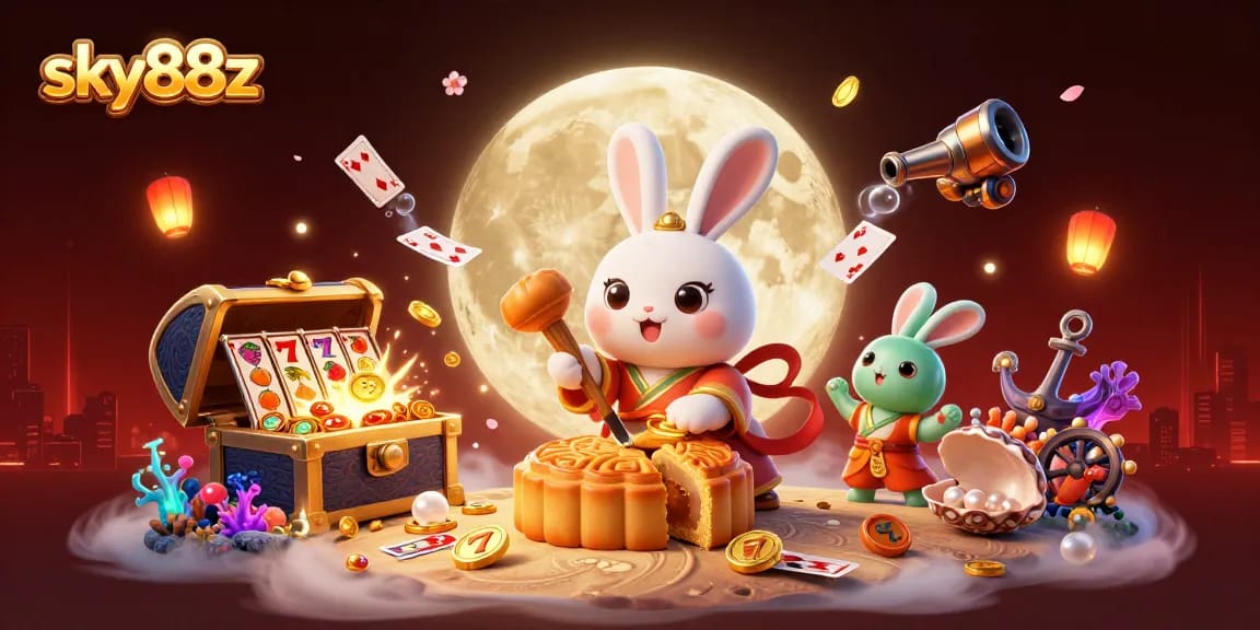 Engage in gameplay strategies with sky88z featuring a moon rabbit exploring casino slots and treasures.