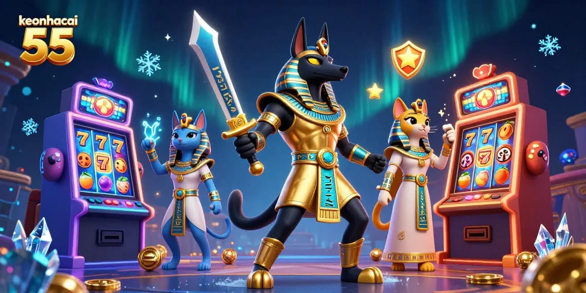 Experience the thrill of keonhacai 55 with Anubis and Bastet in this dynamic casino scene.