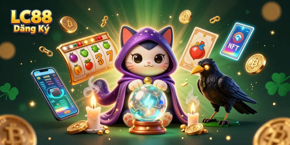 Experience the thrill of LC88 Đăng Ký with a mystical cat and raven in a dynamic casino scene.