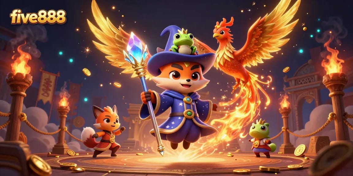 Engage in thrilling wins at Five888 with a dazzling wizard and phoenix in an enchanting casino backdrop.