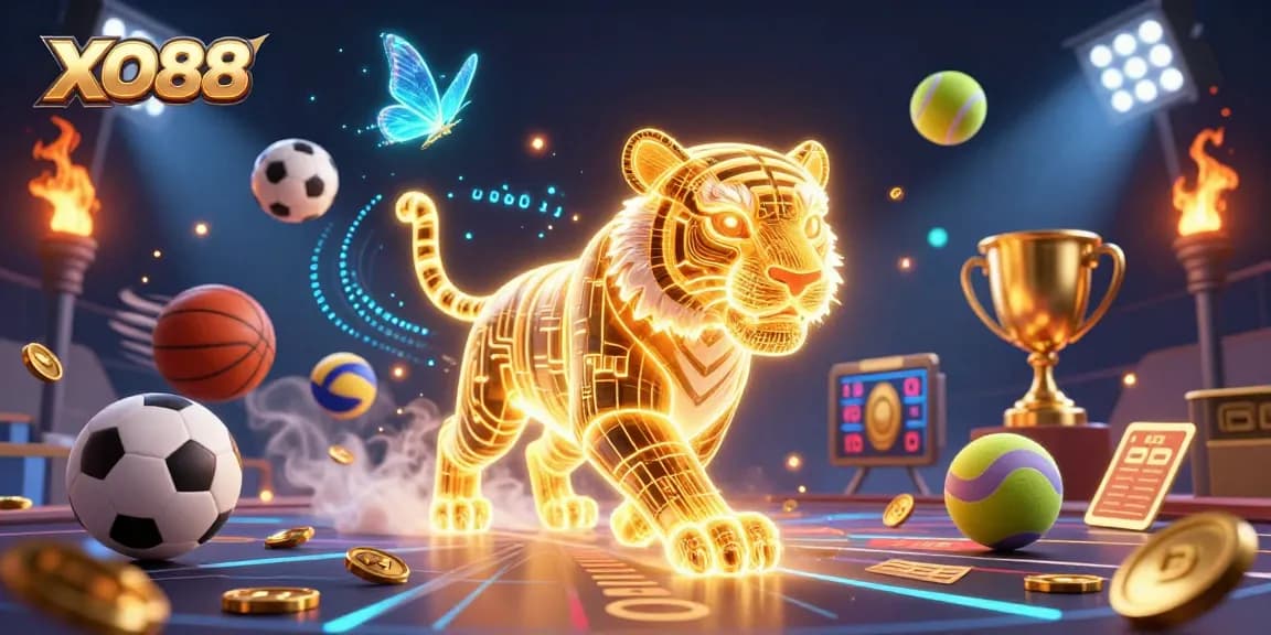 Bet on XO88 with a 3D tiger and sports elements in a vibrant digital casino.