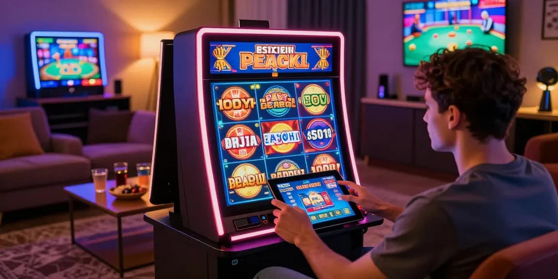 Spieler erlebt ein Paysafe Card Casino mit einem Tablet in einer gemütlichen Spielumgebung, lebendige Casino-Grafiken, die die Stimmung verbessern.