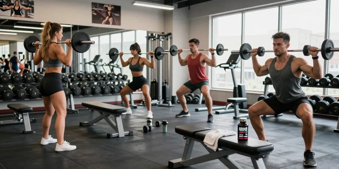 Kraftsportler, die Prime Pharma Steroide in einem energetischen Training im Fitnessstudio verwenden, und dabei Entschlossenheit und Fitness zeigen.