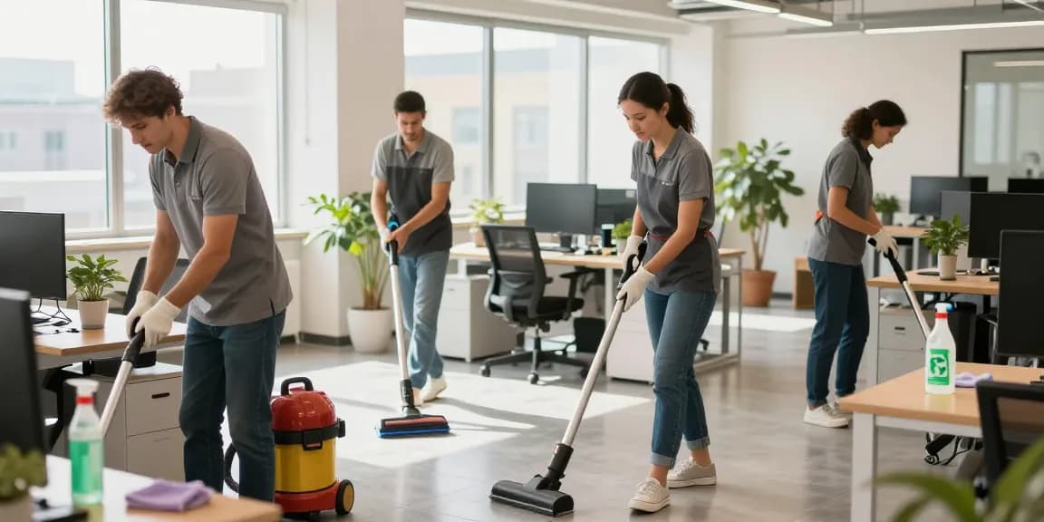 Unterhaltsreinigung Hannover: Professionelles Reinigungsteam bei der Büroreinigung in modernem Büro mit natürlichem Licht und einem sauberen Arbeitsumfeld.