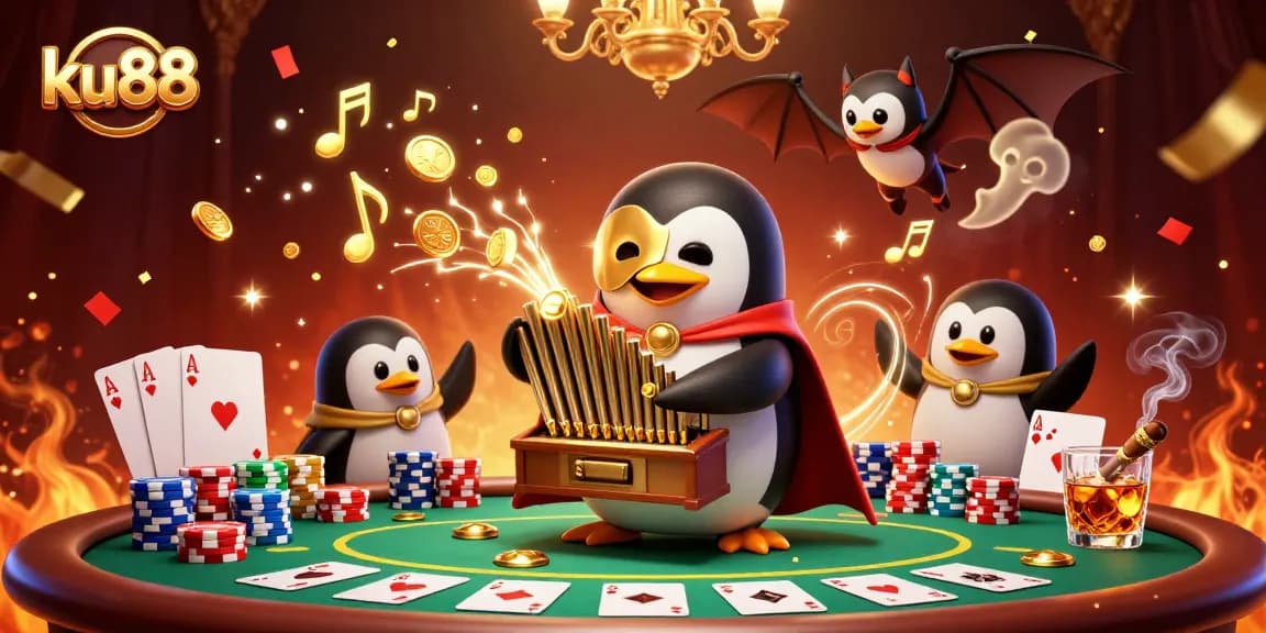 Experience the thrill of ku88 with a vibrant casino scene featuring a penguin organist and poker elements.