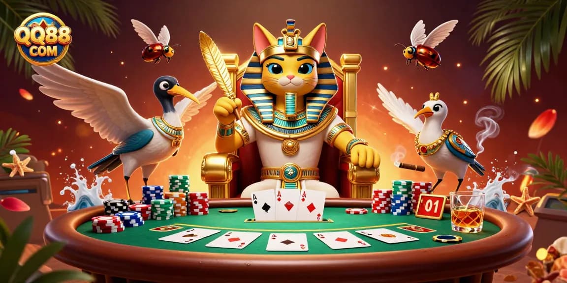 Engage in thrilling poker battles with QQ88 COM featuring vibrant casino elements and royal cat characters.