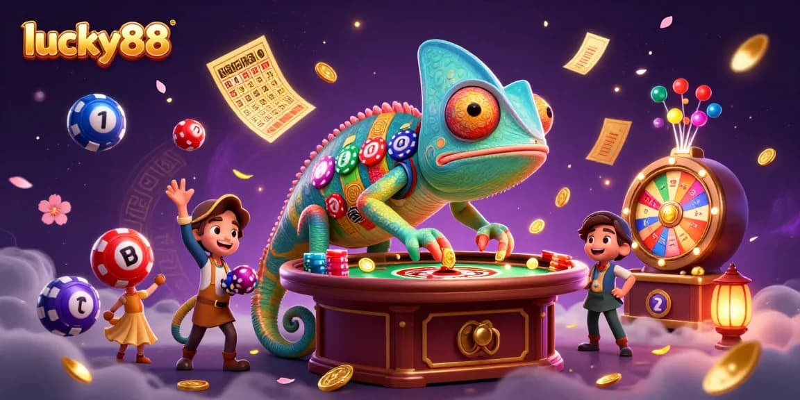 Experience the excitement of lucky88 with a vibrant casino scene featuring dynamic lottery elements and a chameleon casino owner.