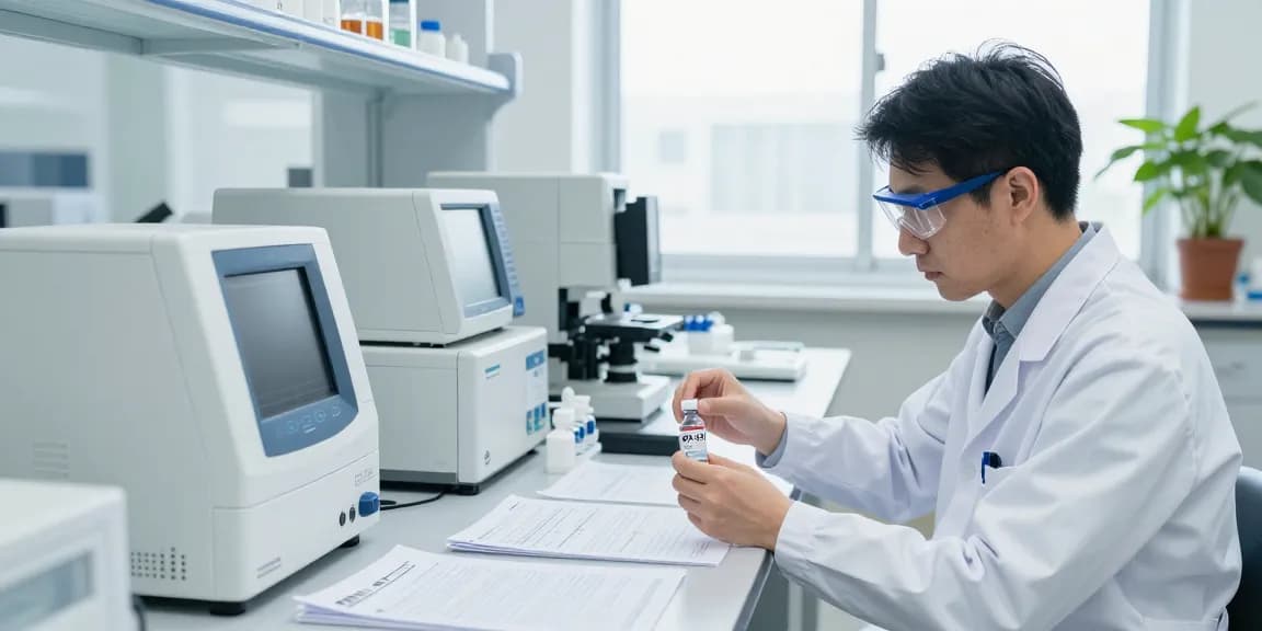 BPC-157 research lab with scientists analyzing peptides at koipeptidescanada.com/bpc-157-canada, featuring analytical instruments and clarity in documentation.