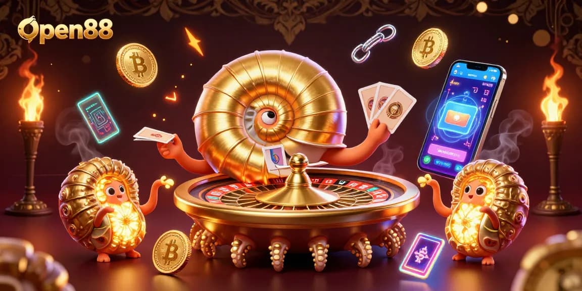 Engage with Open88's vibrant gaming world featuring a nautilus roulette wheel and glowing crypto elements.