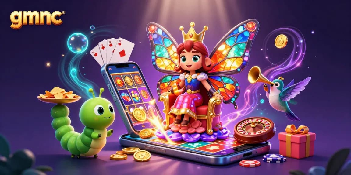 Experience the thrill of gmnc with a vibrant illustration of the butterfly queen amid casino elements.