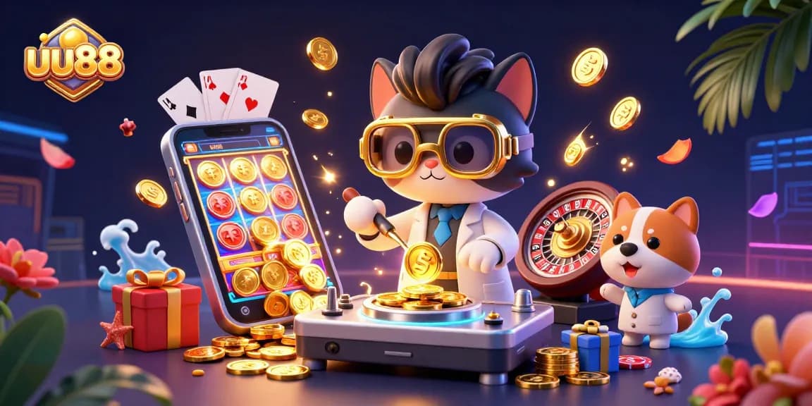 Engage with thrilling slots at uu88, featuring a vibrant scene of a mad scientist and gaming elements.