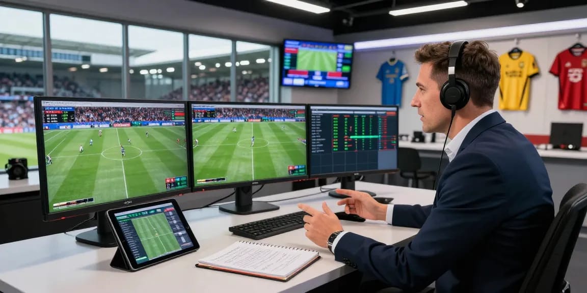 Bongdata expert analyzing real-time soccer statistics in an engaging sports studio.