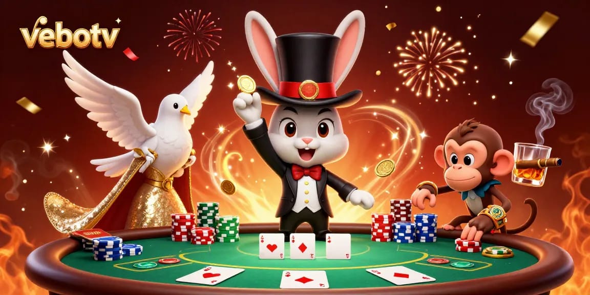 Experience the excitement of vebotv with a magical 3D illustration of a magician rabbit, poker chips, and vibrant casino elements.