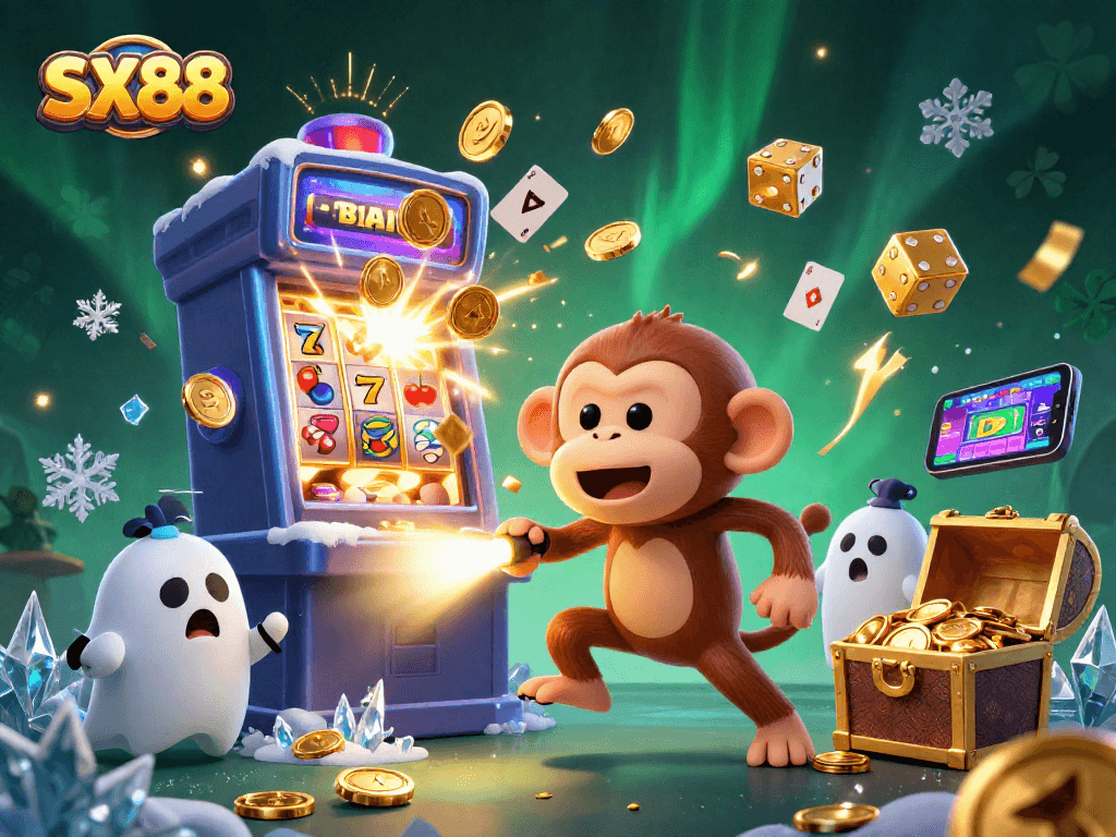 SX88 players enjoying a vibrant casino scene with a mischievous monkey juggling golden game items amidst flashing slot machines.