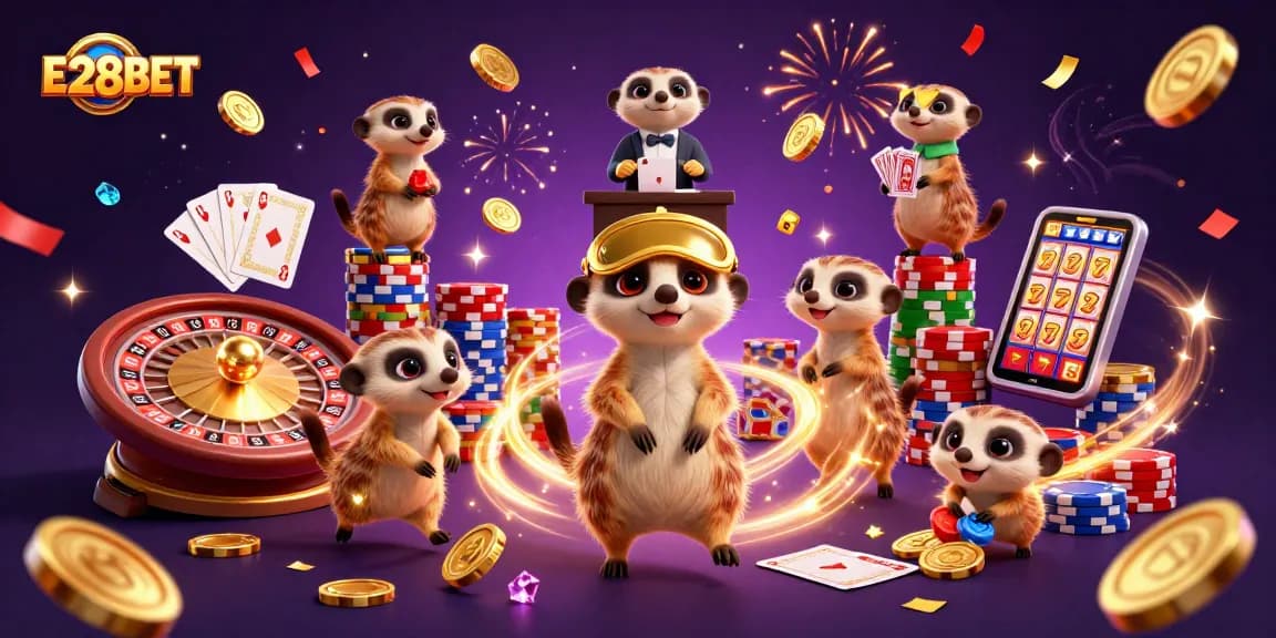 Experience E28BET excitement as meerkats manage a vibrant casino with action-packed games!