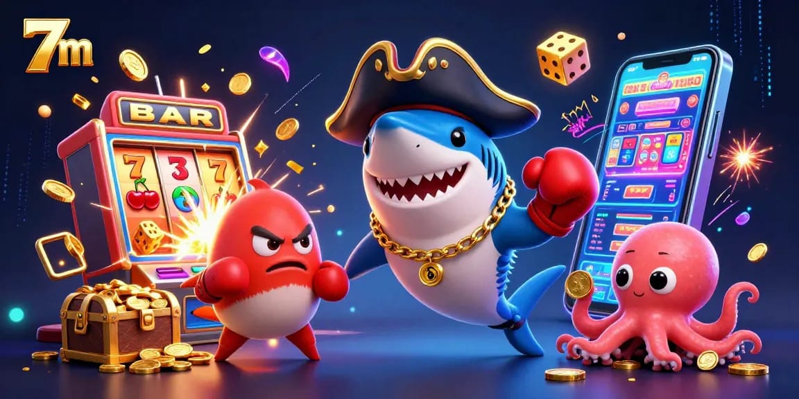 Experience thrilling 7m casino action with vibrant cartoon characters and exciting slot gameplay.