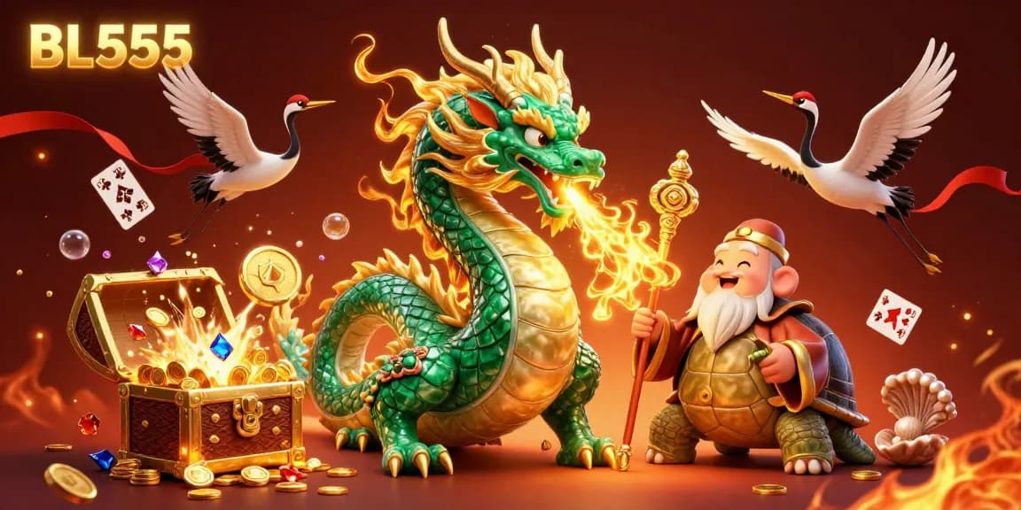 Experience thrilling gameplay at BL555 with dragon, sage, and lucky cranes in vibrant casino scene.