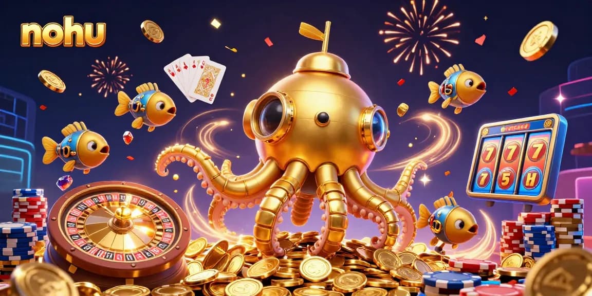 Experience the excitement of nohu jackpots with stunning 3D casino illustration showcasing golden coins and slot elements.