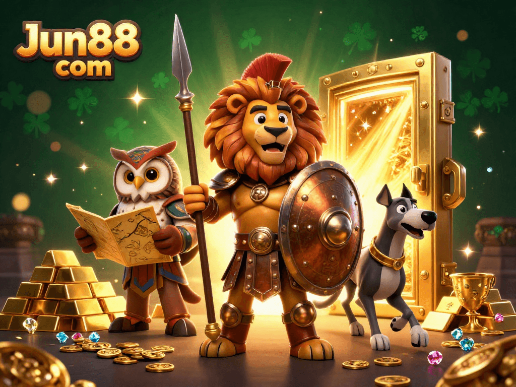 Experience the thrill of gaming at Jun88 com with a vibrant 3D casino scene featuring golden treasures and heroic characters.