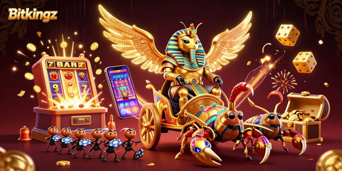 Spiele stolz im Bitkingz Casino mit einem glänzenden goldenen Skarabäus und aufregenden Spielautomaten.