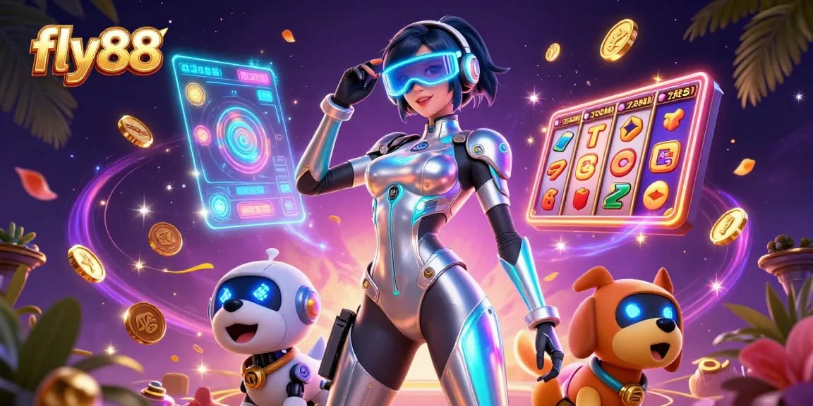 Engage with fly88's thrilling gaming experience featuring spirited characters and slot reels action.
