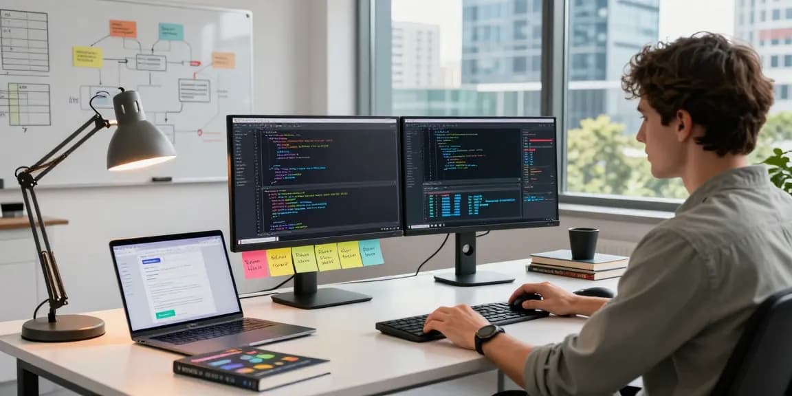Building internal tools with AI in a modern workspace featuring a developer coding on dual monitors surrounded by tech resources.