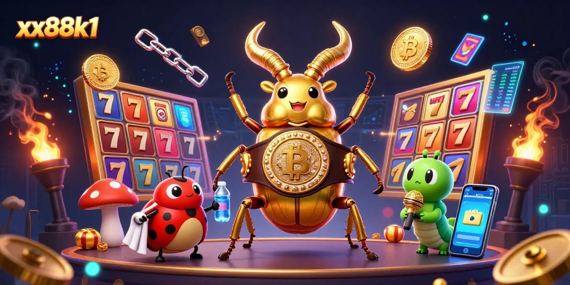 Experience the vibrant xx88k1 casino world with captivating golden characters and dynamic slot elements.