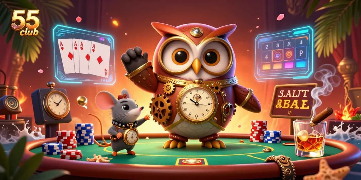 Engage with the thrilling world of 55 club as cartoon characters explore a steampunk casino scene with poker elements.