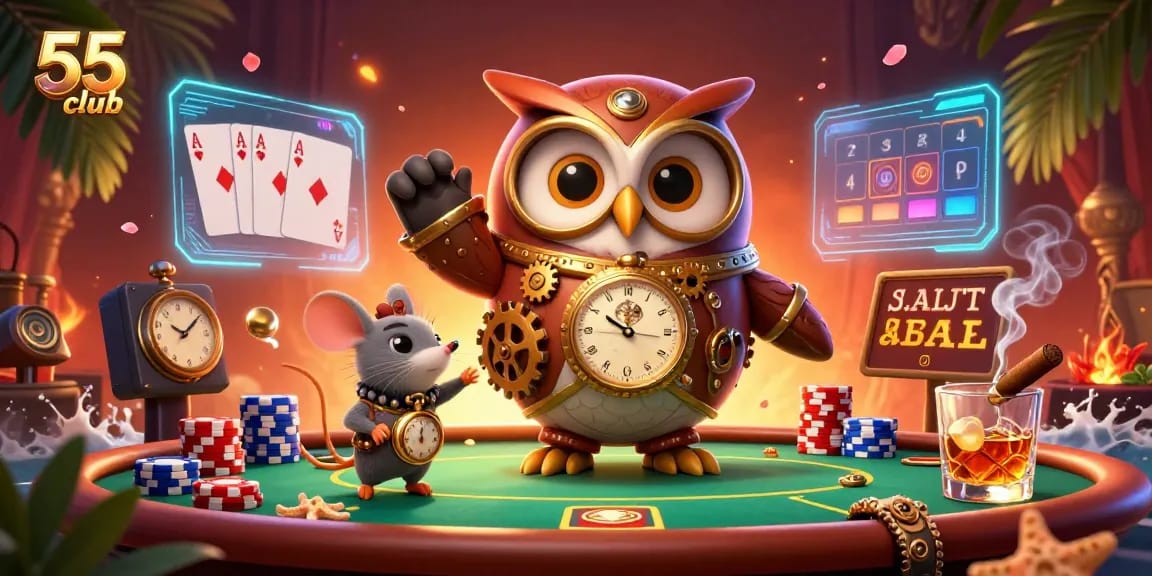 Engage with the thrilling world of 55 club as cartoon characters explore a steampunk casino scene with poker elements.
