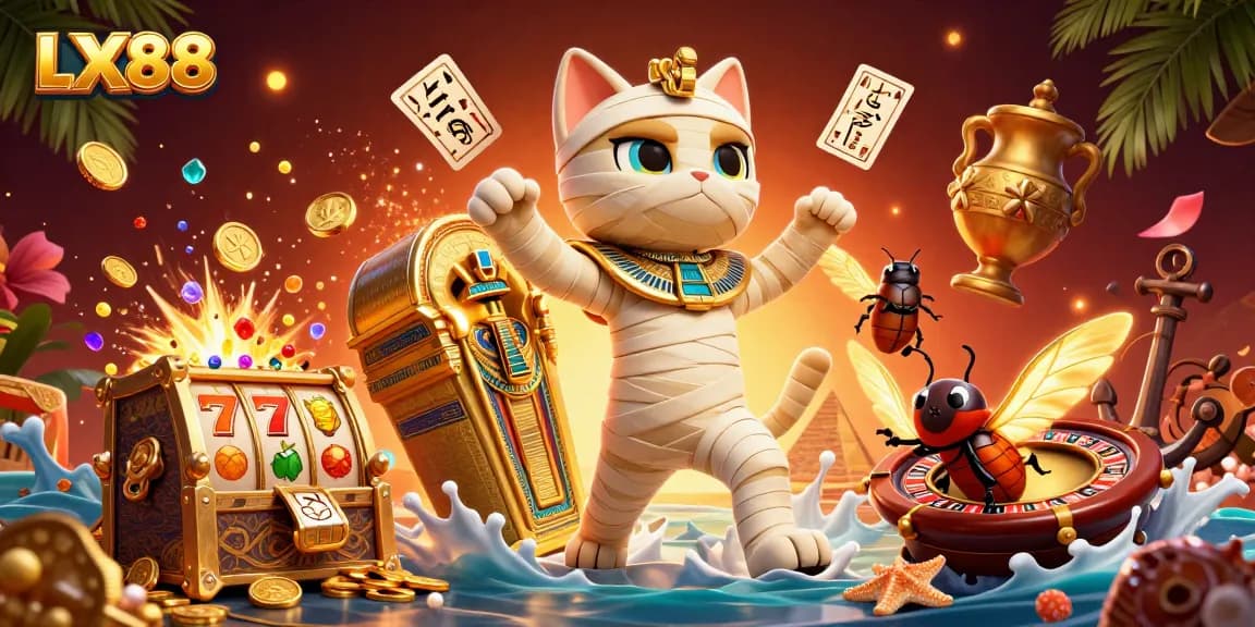 Engage with LX88 casino magic featuring a playful mummy cat, gold coins, and floating playing cards.