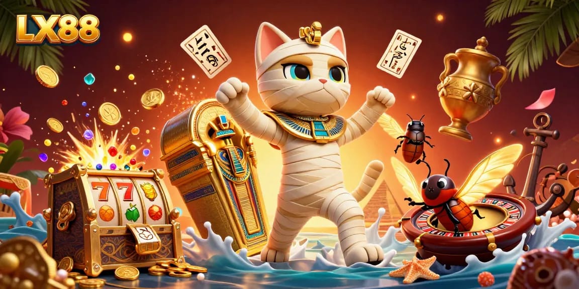 Engage with LX88 casino magic featuring a playful mummy cat, gold coins, and floating playing cards.