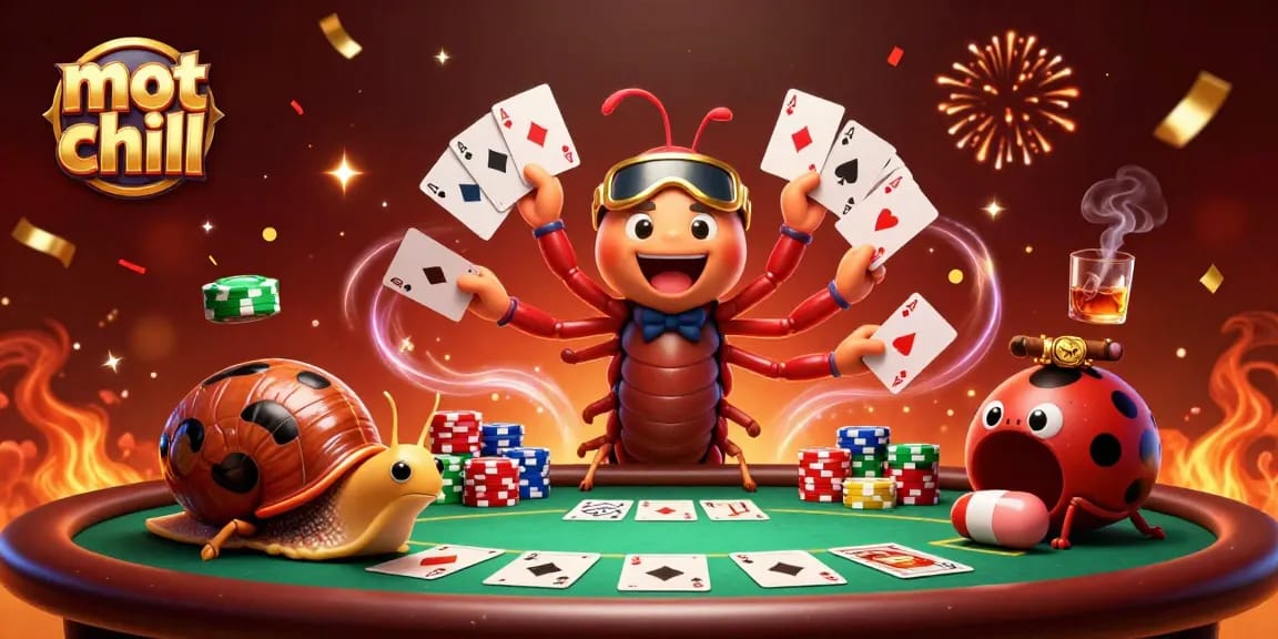Experience the thrill of mot chill gaming with a vibrant cartoon dealer and colorful poker elements.