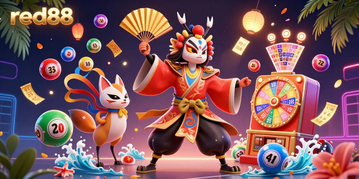Engage with thrilling lottery action featuring red88 amidst colorful balls and dynamic prize elements.