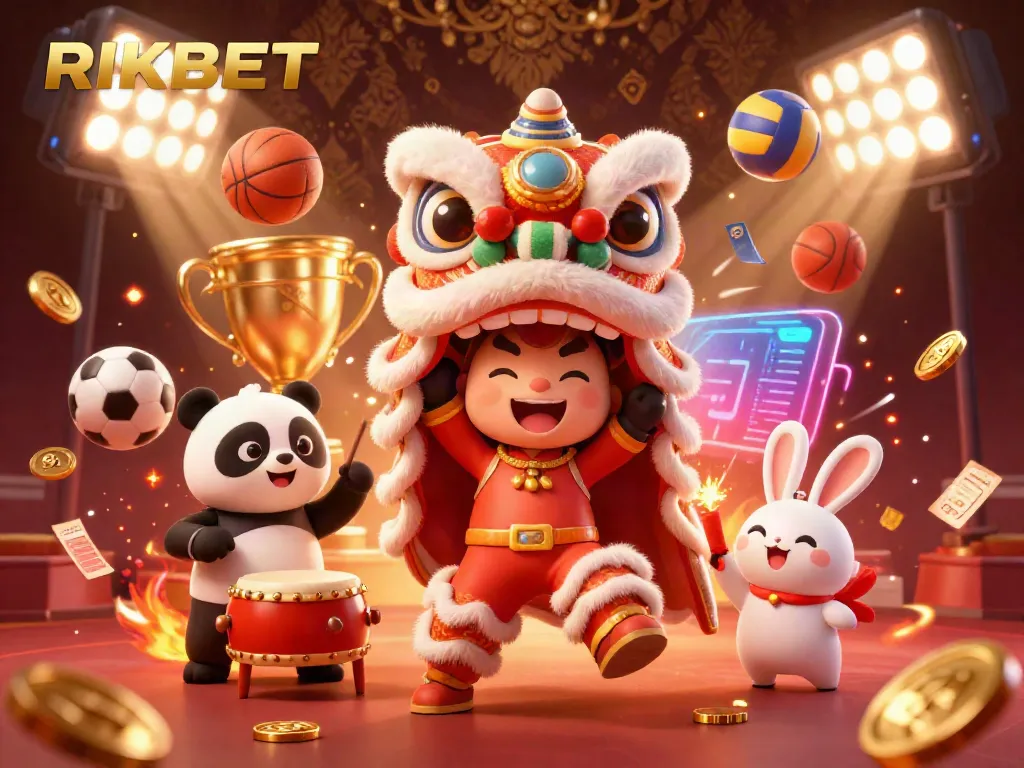 Experience the excitement of RIKBET with an engaging lion dance scene surrounded by vibrant sports elements.