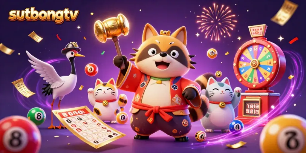 Engage with sutbongtv's vibrant gambling scene featuring cheerful tanuki, golden mallet, and fortune cats.