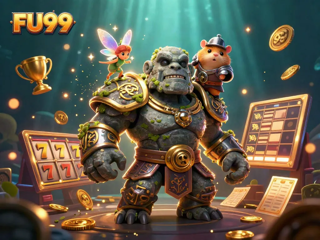 Experience thrilling gaming with FU99's captivating casino scene, featuring a golem, a fairy, and gaming elements.