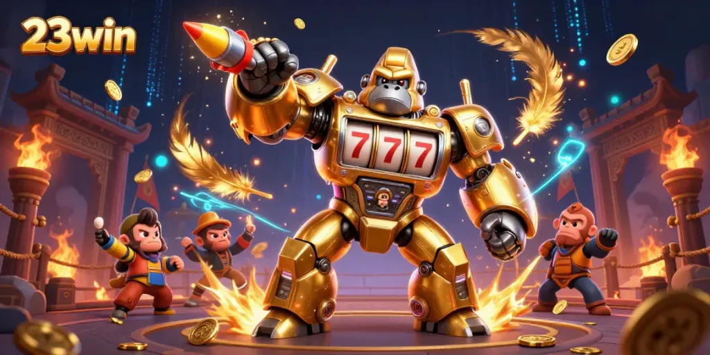 Experience thrilling wins at 23win with dynamic 3D gaming featuring a golden gorilla mech.