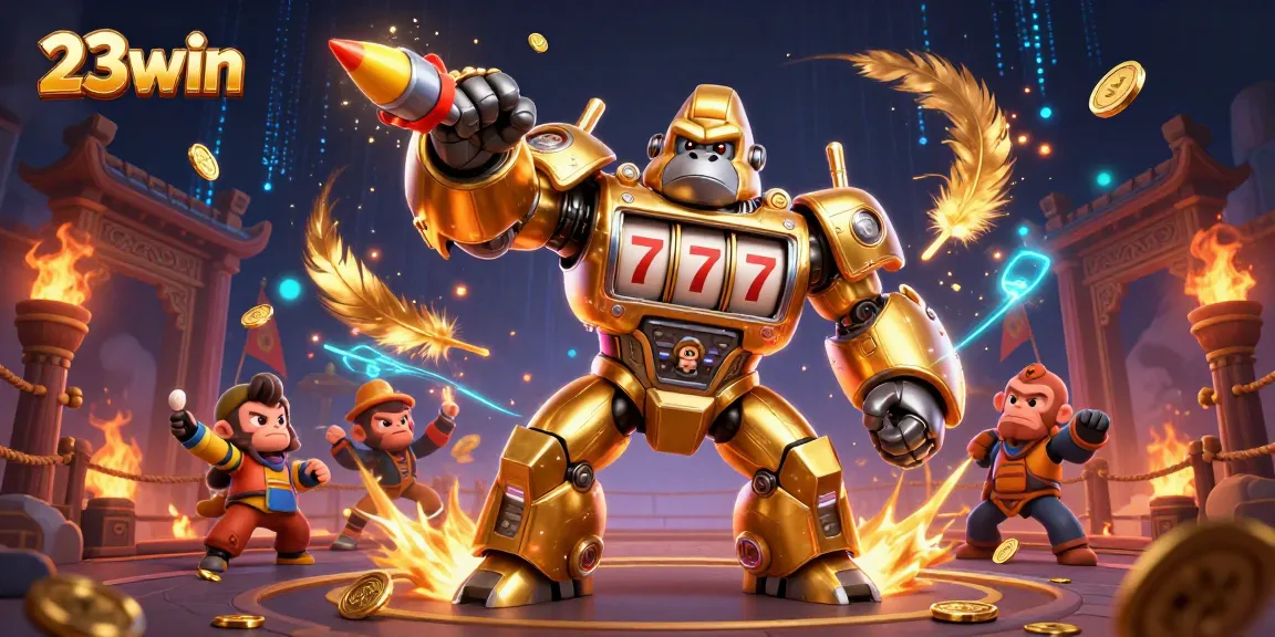 Experience thrilling wins at 23win with dynamic 3D gaming featuring a golden gorilla mech.