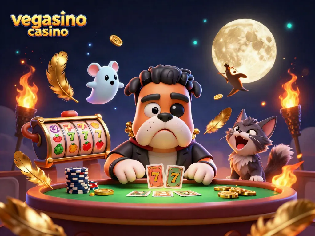Experience thrilling play at vegasino casino with a dynamic 3D illustration of exciting game elements.